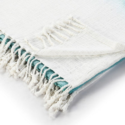 50" X 60" Blue and White Woven Cotton Ombre Throw Blanket with Fringe HomeRoots