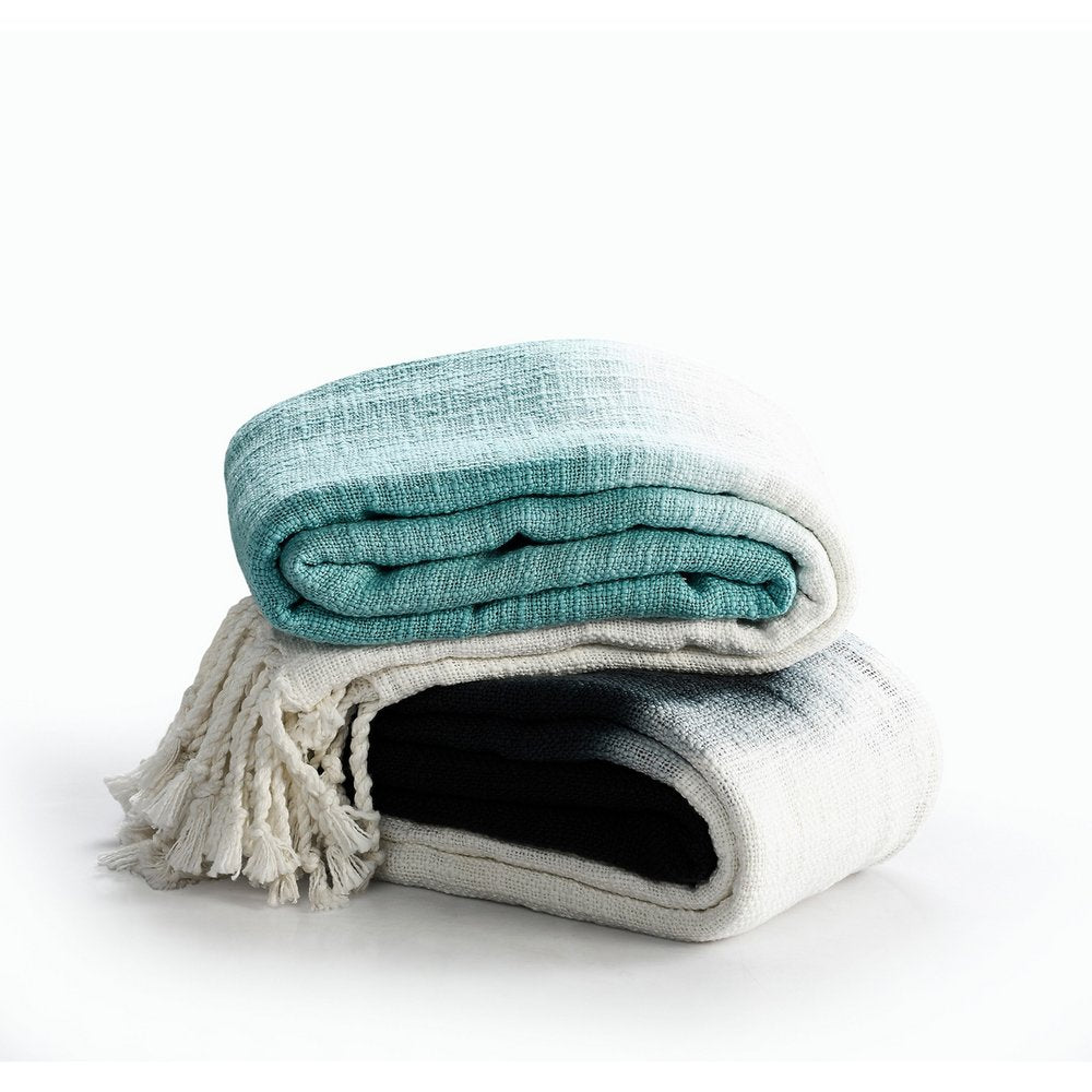 50" X 60" Blue and White Woven Cotton Ombre Throw Blanket with Fringe HomeRoots