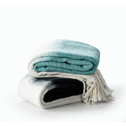 50" X 60" Black and White Woven Cotton Ombre Throw Blanket with Fringe HomeRoots