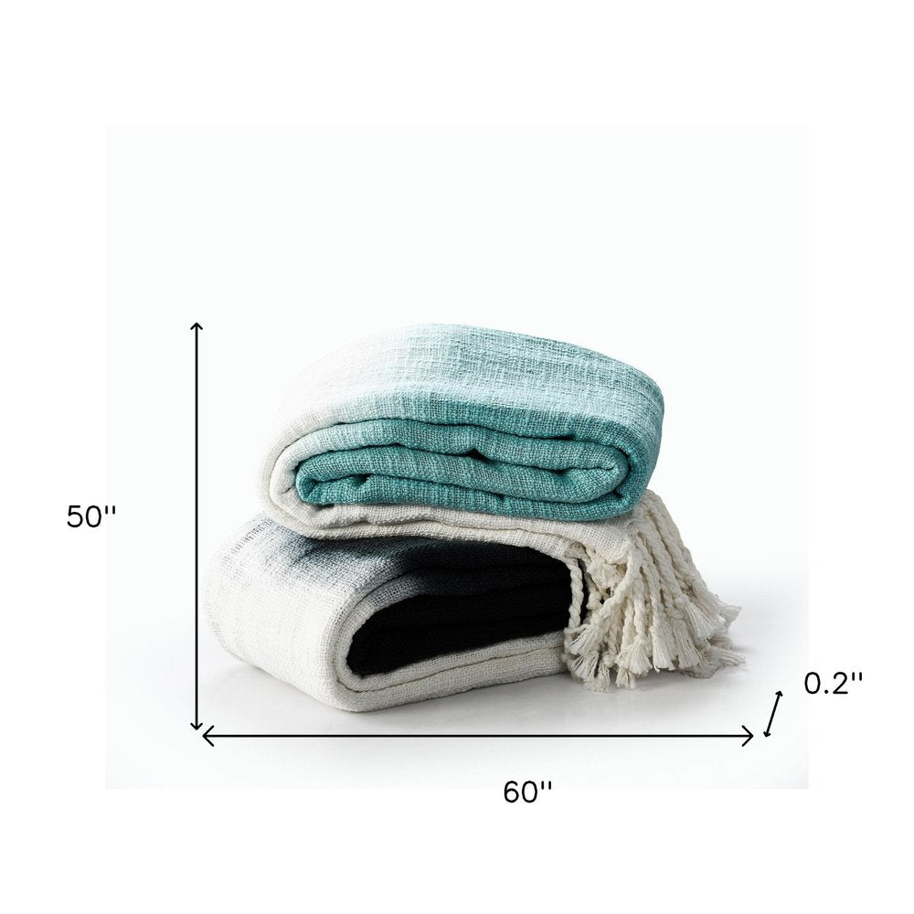 50" X 60" Blue and White Woven Cotton Ombre Throw Blanket with Fringe HomeRoots