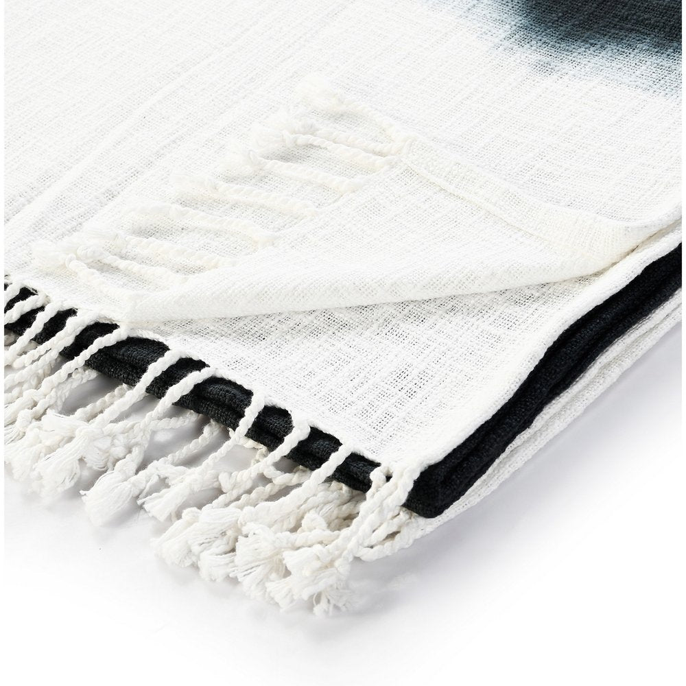 50" X 60" Black and White Woven Cotton Ombre Throw Blanket with Fringe HomeRoots