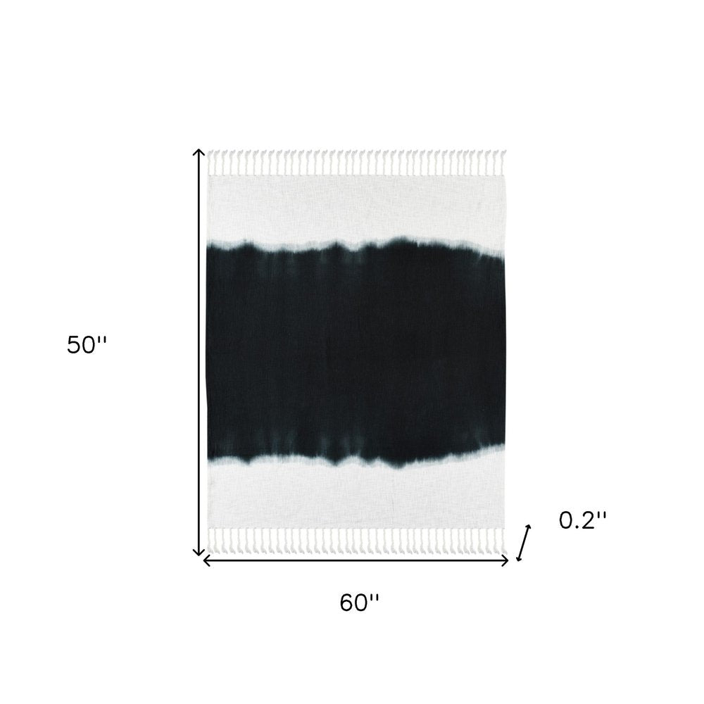 50" X 60" Black and White Woven Cotton Ombre Throw Blanket with Fringe HomeRoots