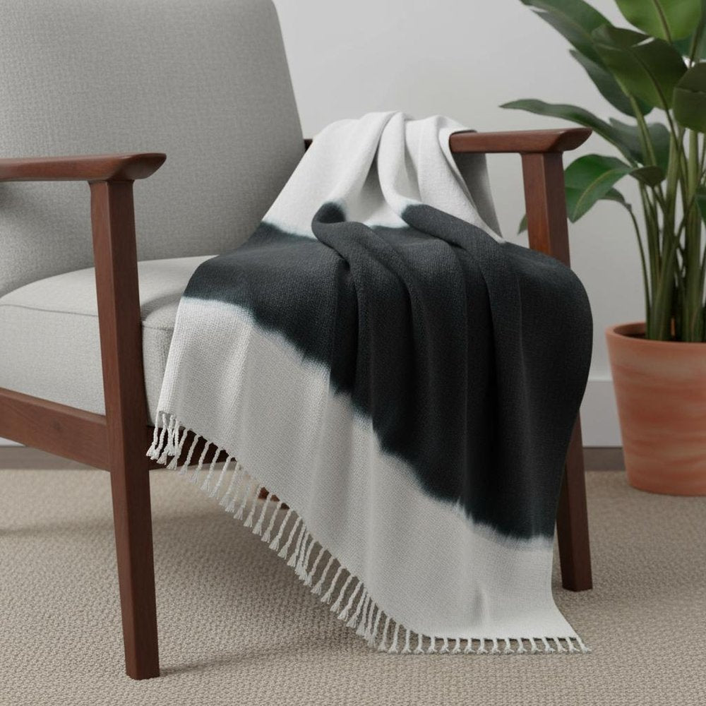 50" X 60" Black and White Woven Cotton Ombre Throw Blanket with Fringe HomeRoots