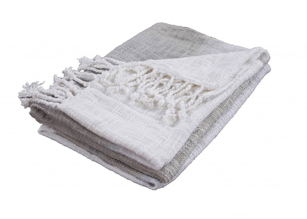 50" X 60" Gray and White Woven Cotton Ombre Throw Blanket with Fringe — view 1