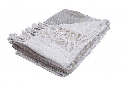 50" X 60" Gray and White Woven Cotton Ombre Throw Blanket with Fringe HomeRoots