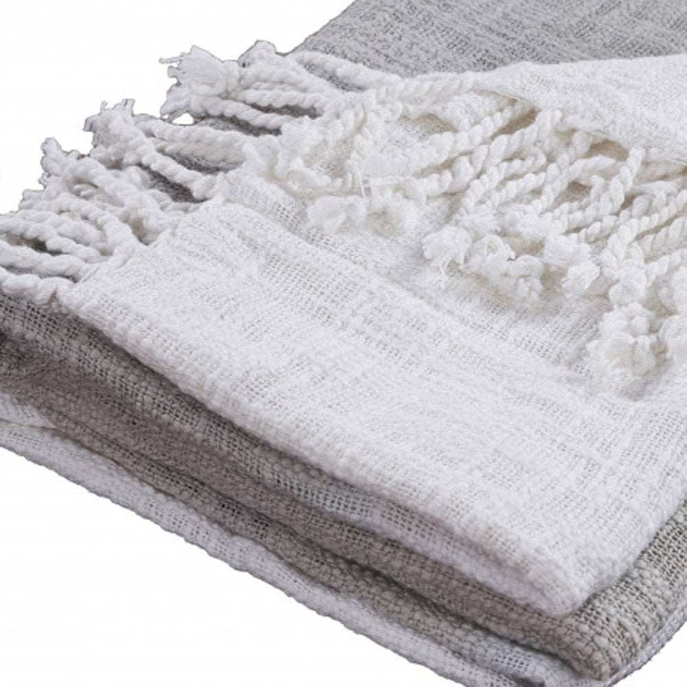 50" X 60" Gray and White Woven Cotton Ombre Throw Blanket with Fringe HomeRoots