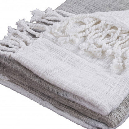 50" X 60" Gray and White Woven Cotton Ombre Throw Blanket with Fringe HomeRoots