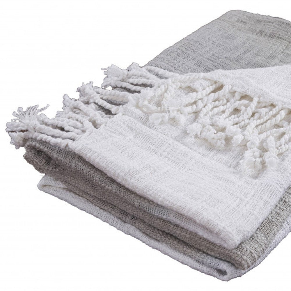 50" X 60" Gray and White Woven Cotton Ombre Throw Blanket with Fringe HomeRoots