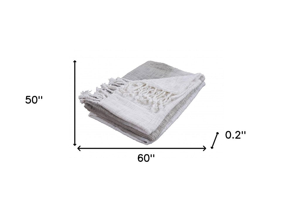 50" X 60" Gray and White Woven Cotton Ombre Throw Blanket with Fringe HomeRoots
