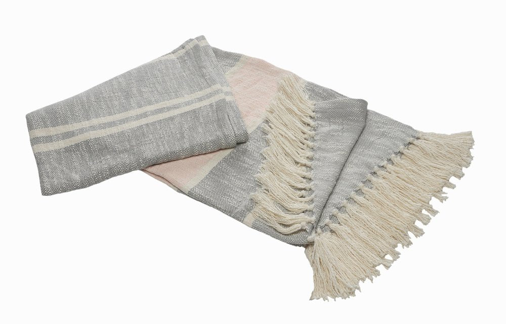 50" X 60" Gray Woven Cotton Striped Throw Blanket with Tassels HomeRoots