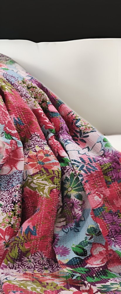 70" X 50" Purple Floral Cotton Quilted Kantha Throw Blanket with Embroidery HomeRoots