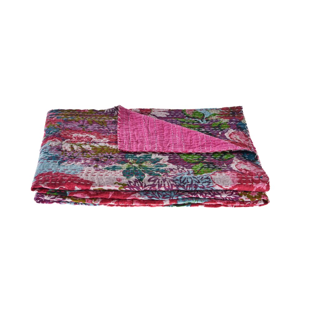 70" X 50" Purple Floral Cotton Quilted Kantha Throw Blanket with Embroidery HomeRoots