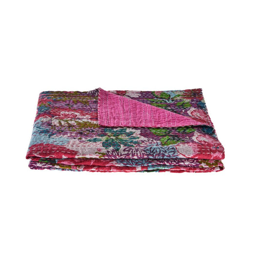 70" X 50" Purple Floral Cotton Quilted Kantha Throw Blanket with Embroidery HomeRoots