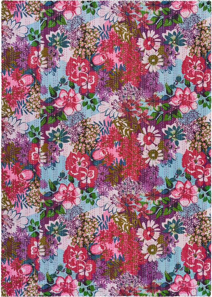 70" X 50" Purple Floral Cotton Quilted Kantha Throw Blanket with Embroidery HomeRoots