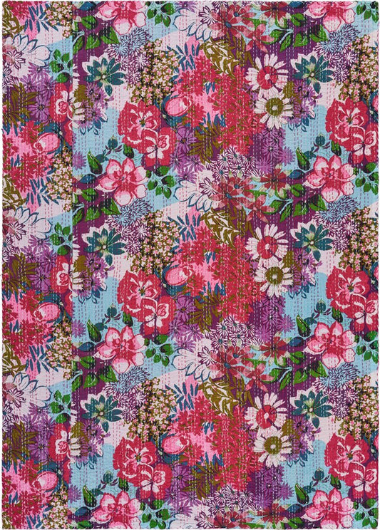 70" X 50" Purple Floral Cotton Quilted Kantha Throw Blanket with Embroidery HomeRoots