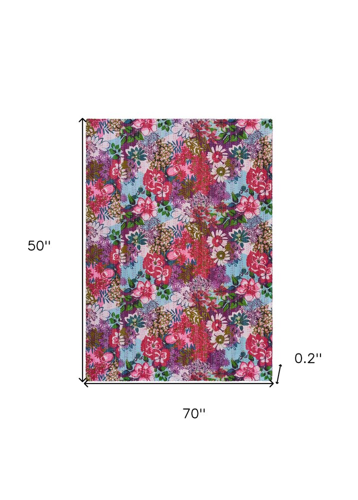 70" X 50" Purple Floral Cotton Quilted Kantha Throw Blanket with Embroidery HomeRoots
