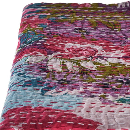 70" X 50" Purple Floral Cotton Quilted Kantha Throw Blanket with Embroidery HomeRoots