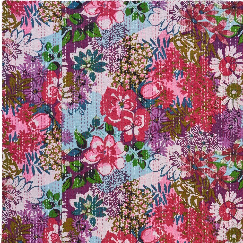 70" X 50" Purple Floral Cotton Quilted Kantha Throw Blanket with Embroidery HomeRoots