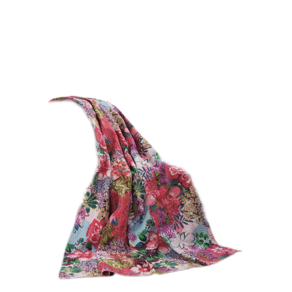 70" X 50" Purple Floral Cotton Quilted Kantha Throw Blanket with Embroidery HomeRoots
