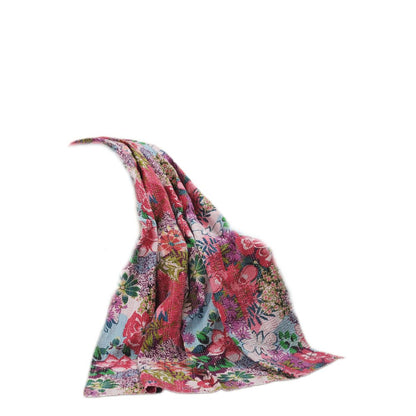 70" X 50" Purple Floral Cotton Quilted Kantha Throw Blanket with Embroidery HomeRoots