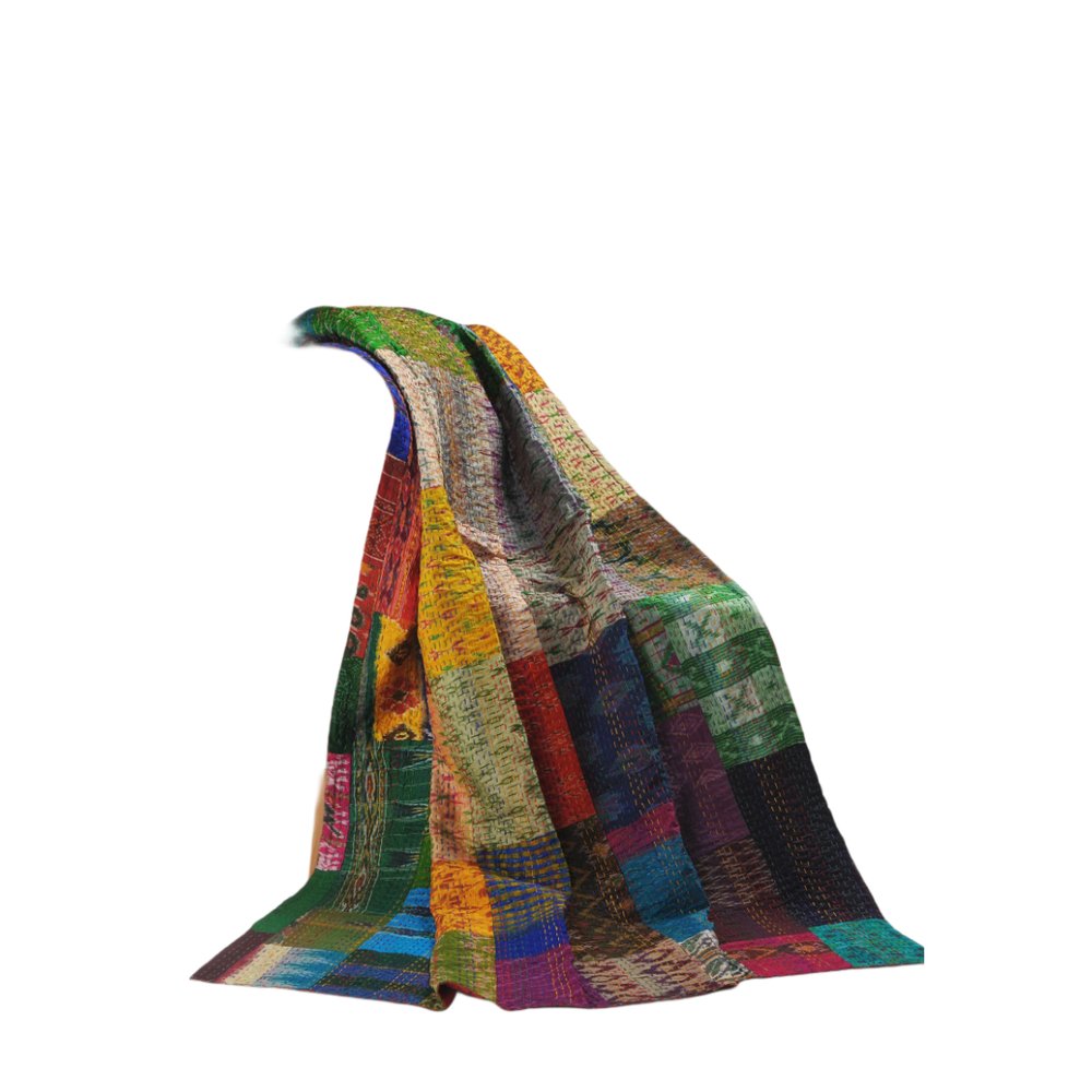 70" X 50" Blue and Green Kantha Silk Patchwork Throw Blanket with Embroidery HomeRoots