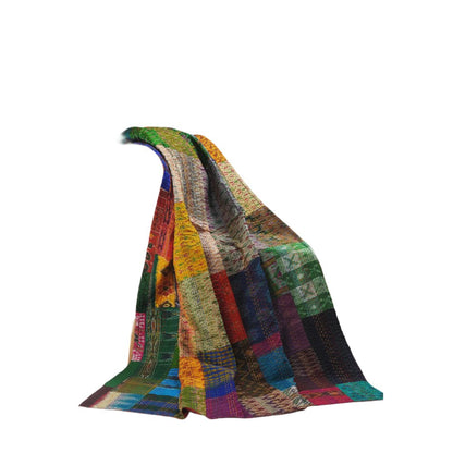 70" X 50" Blue and Green Kantha Silk Patchwork Throw Blanket with Embroidery HomeRoots