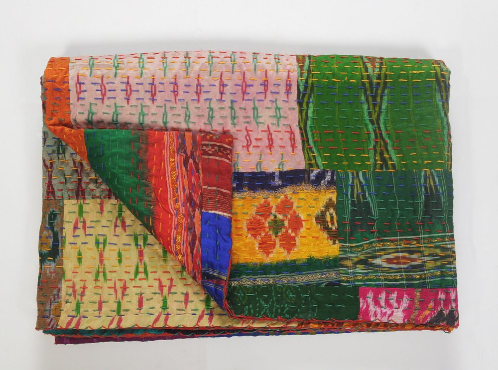 70" X 50" Blue and Green Kantha Silk Patchwork Throw Blanket with Embroidery HomeRoots