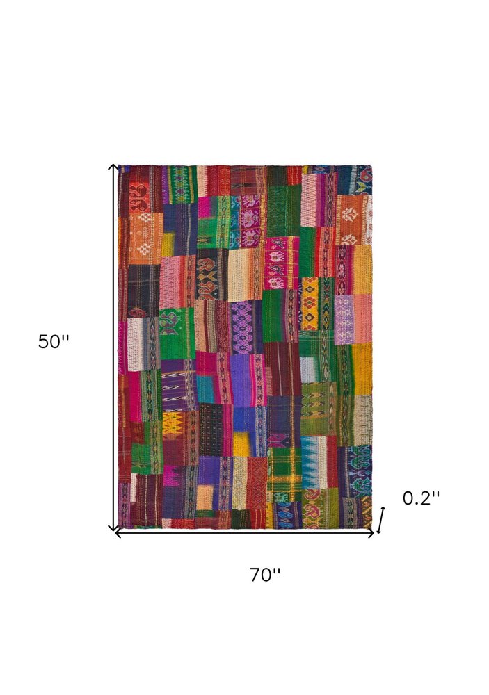 70" X 50" Blue and Green Kantha Silk Patchwork Throw Blanket with Embroidery — view 7