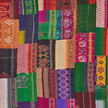 70" X 50" Blue and Green Kantha Silk Patchwork Throw Blanket with Embroidery HomeRoots