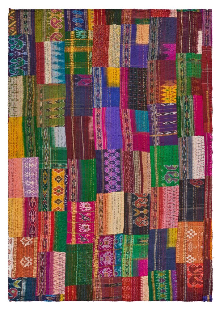 70" X 50" Blue and Green Kantha Silk Patchwork Throw Blanket with Embroidery — view 4