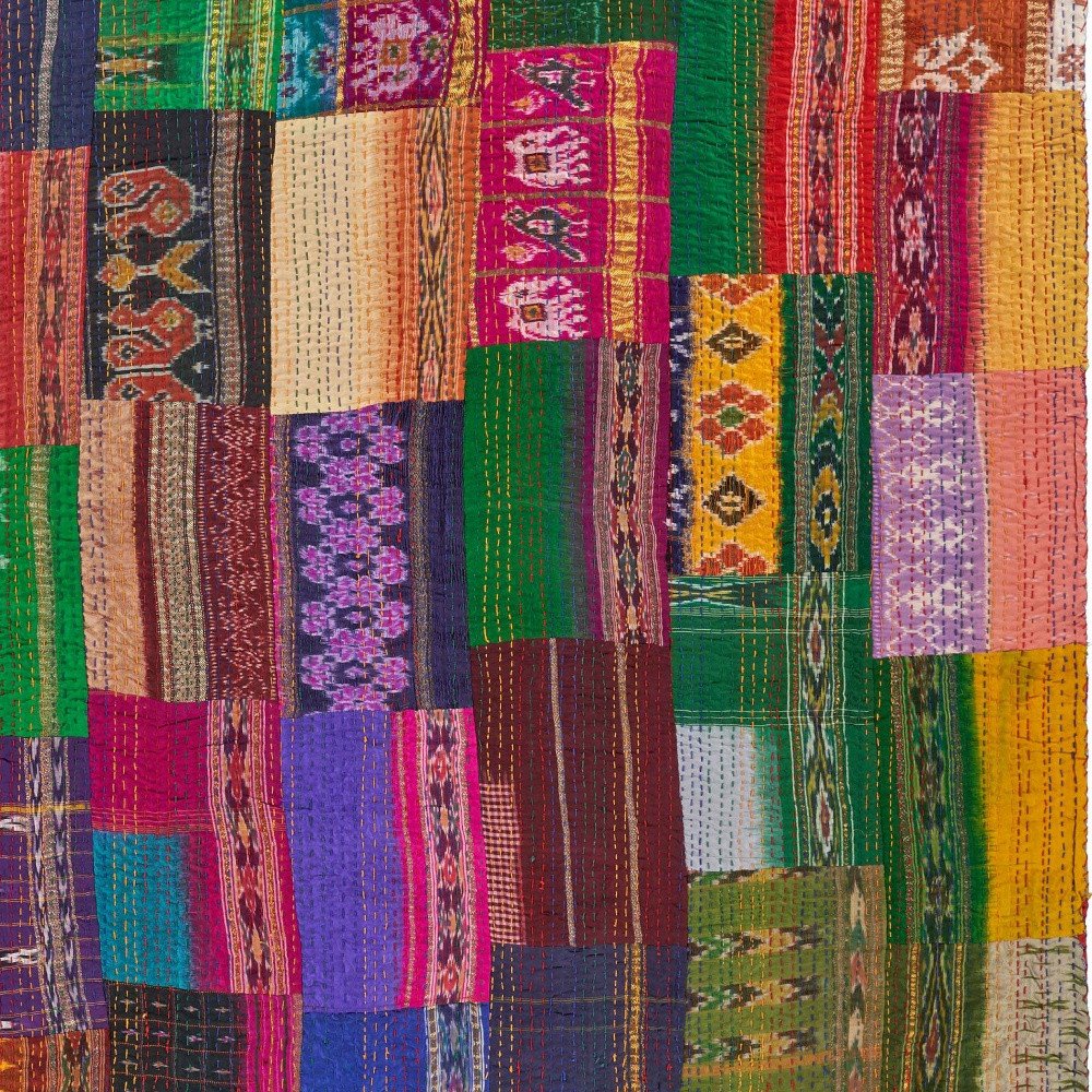70" X 50" Blue and Green Kantha Silk Patchwork Throw Blanket with Embroidery HomeRoots