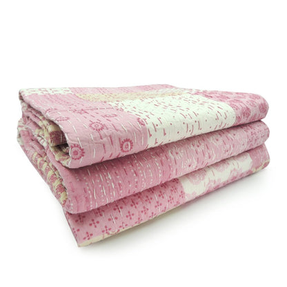 50" X 70" Green Patchwork Silk Quilted Kantha Throw Blanket with Embroidery HomeRoots