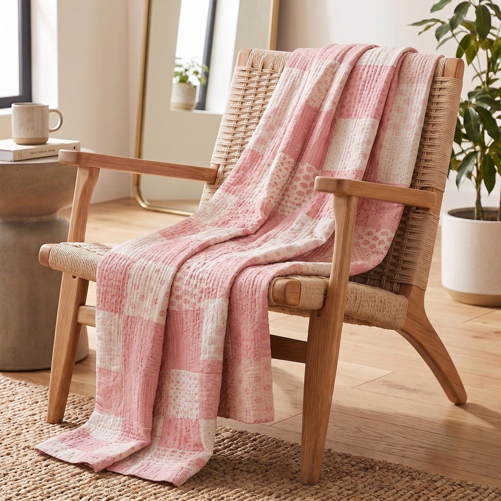 50" X 70" Green Patchwork Silk Quilted Kantha Throw Blanket with Embroidery — view 5