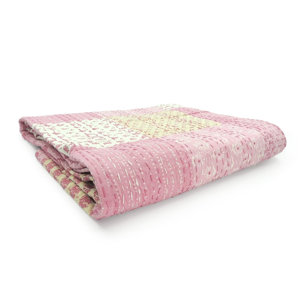 50" X 70" Green Patchwork Silk Quilted Kantha Throw Blanket with Embroidery HomeRoots