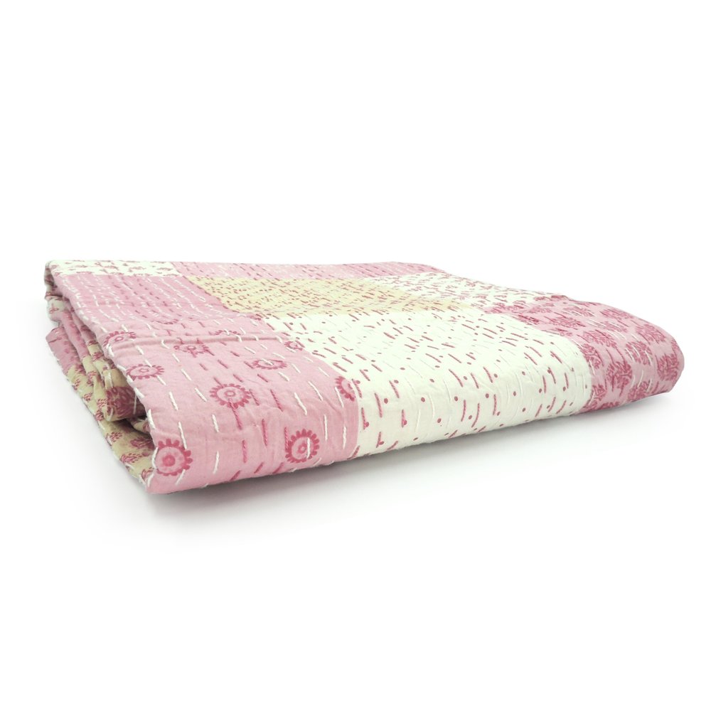 50" X 70" Green Patchwork Silk Quilted Kantha Throw Blanket with Embroidery HomeRoots