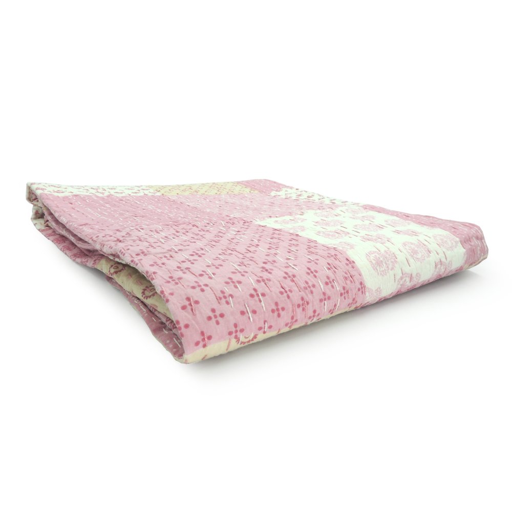 50" X 70" Green Patchwork Silk Quilted Kantha Throw Blanket with Embroidery HomeRoots
