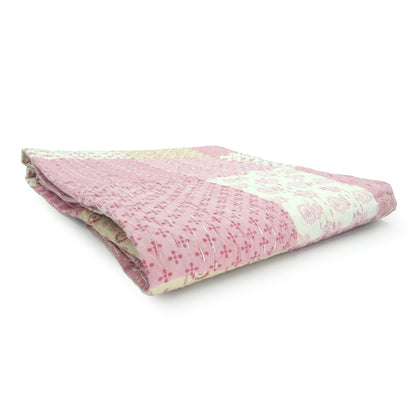 70" X 50" Pale Pink Kantha Cotton Patchwork Throw Blanket with Embroidery