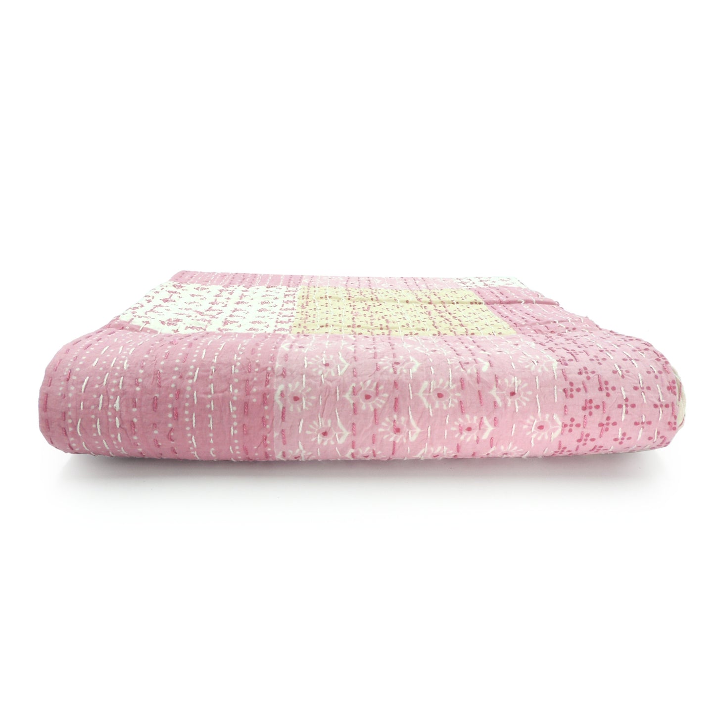 70" X 50" Pale Pink Kantha Cotton Patchwork Throw Blanket with Embroidery