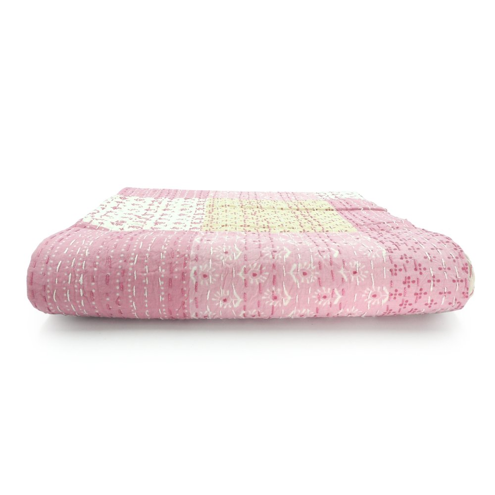 50" X 70" Green Patchwork Silk Quilted Kantha Throw Blanket with Embroidery HomeRoots
