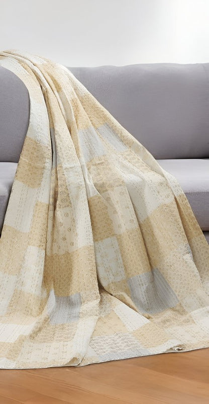 50" X 70" Green Patchwork Silk Quilted Kantha Throw Blanket with Embroidery