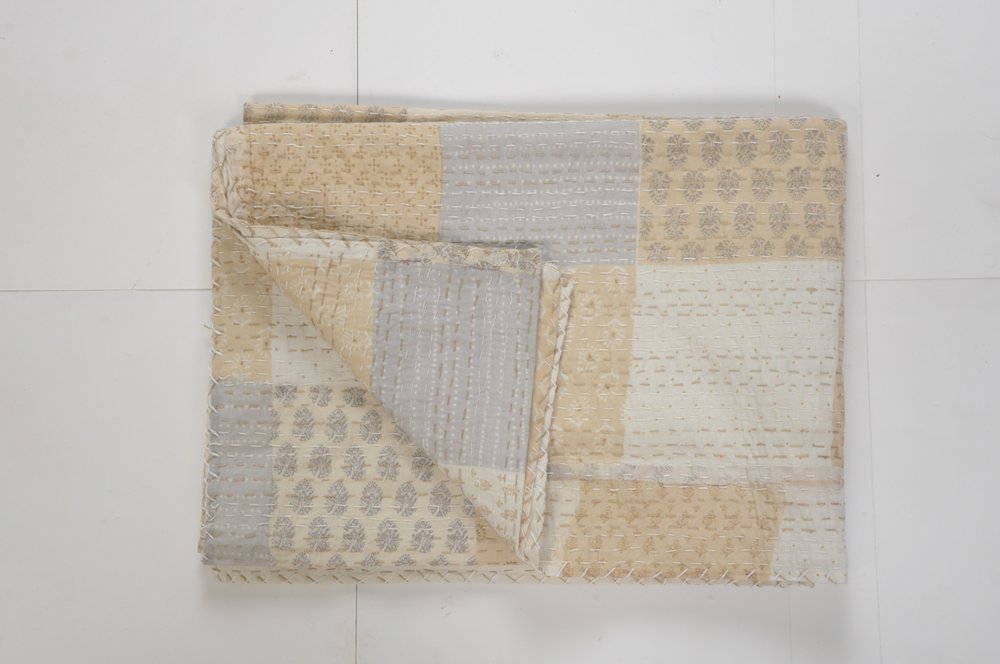 50" X 70" Green Patchwork Silk Quilted Kantha Throw Blanket with Embroidery — view 6