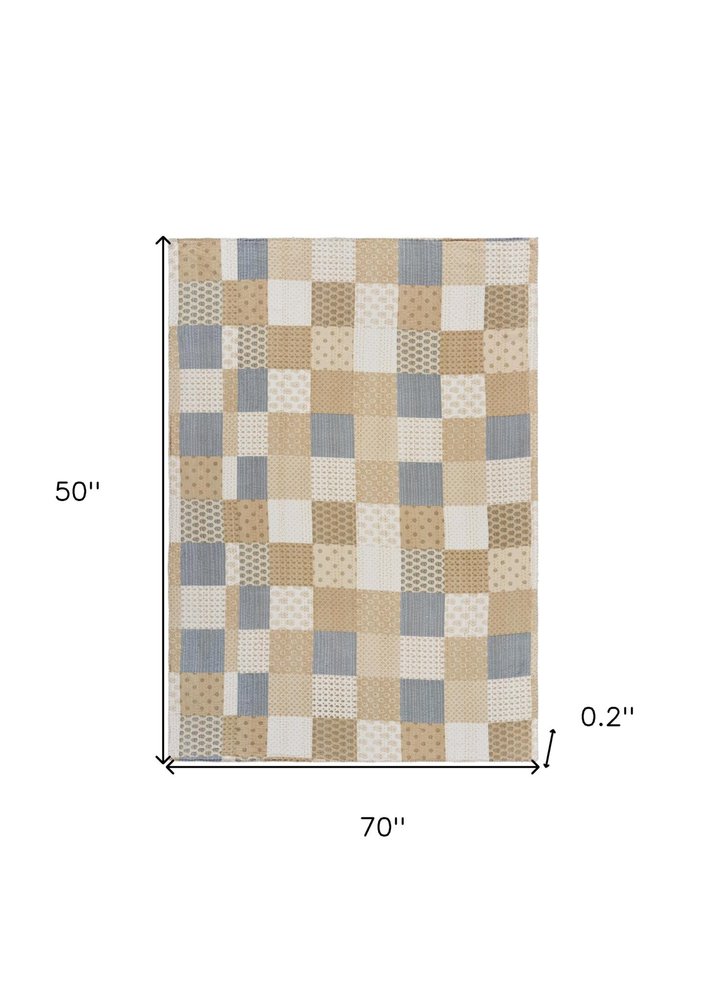 50" X 70" Green Patchwork Silk Quilted Kantha Throw Blanket with Embroidery