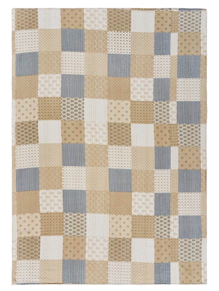 50" X 70" Green Patchwork Silk Quilted Kantha Throw Blanket with Embroidery