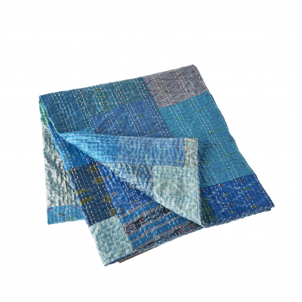 50" X 70" Green Patchwork Silk Quilted Kantha Throw Blanket with Embroidery — view 14