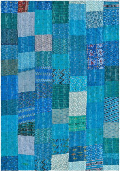 50" X 70" Green Patchwork Silk Quilted Kantha Throw Blanket with Embroidery
