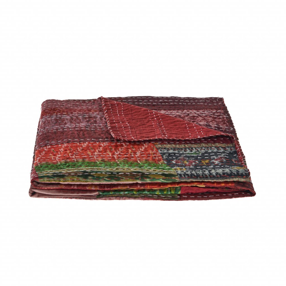 70" X 50" Red Kantha Silk Patchwork Throw Blanket with Embroidery HomeRoots