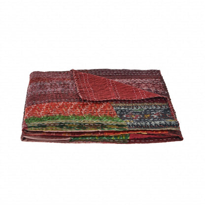 70" X 50" Red Kantha Silk Patchwork Throw Blanket with Embroidery HomeRoots