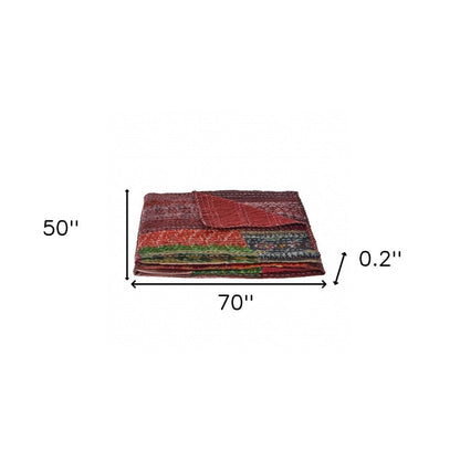 70" X 50" Red Kantha Silk Patchwork Throw Blanket with Embroidery HomeRoots