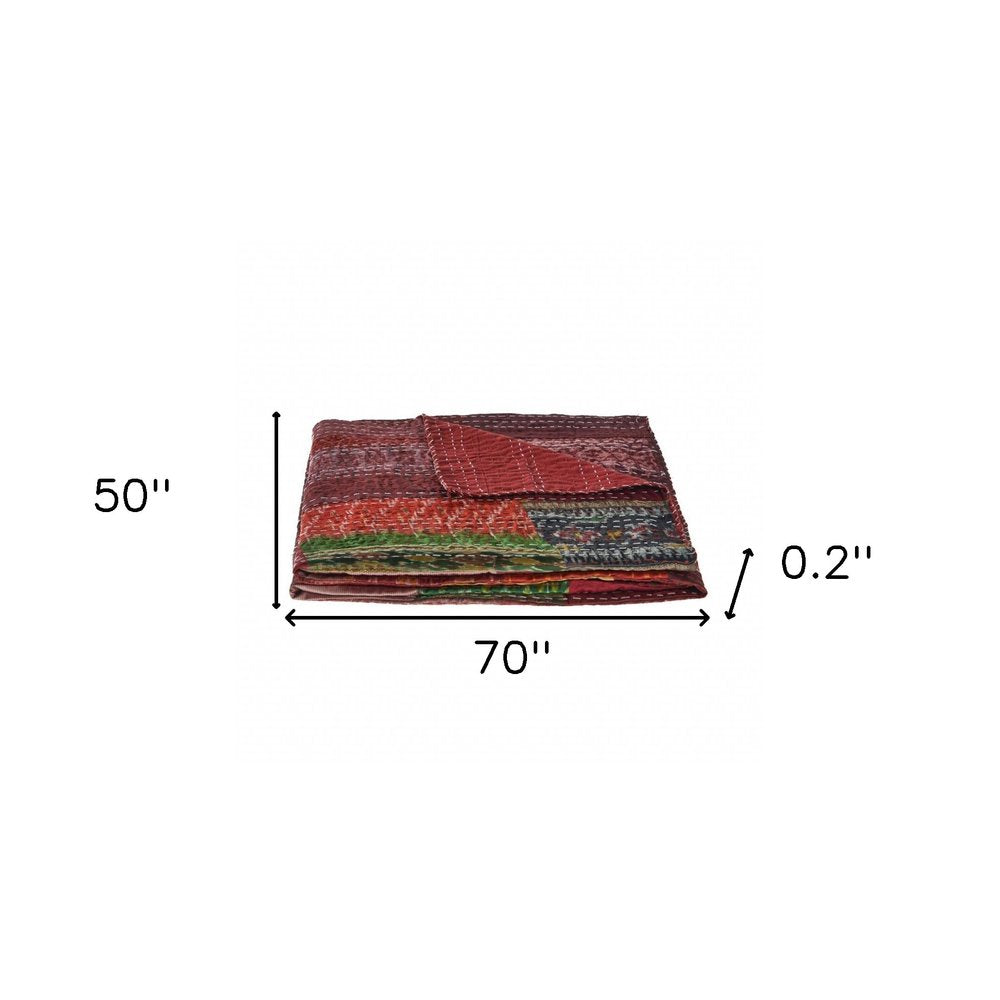 70" X 50" Red Kantha Silk Patchwork Throw Blanket with Embroidery HomeRoots