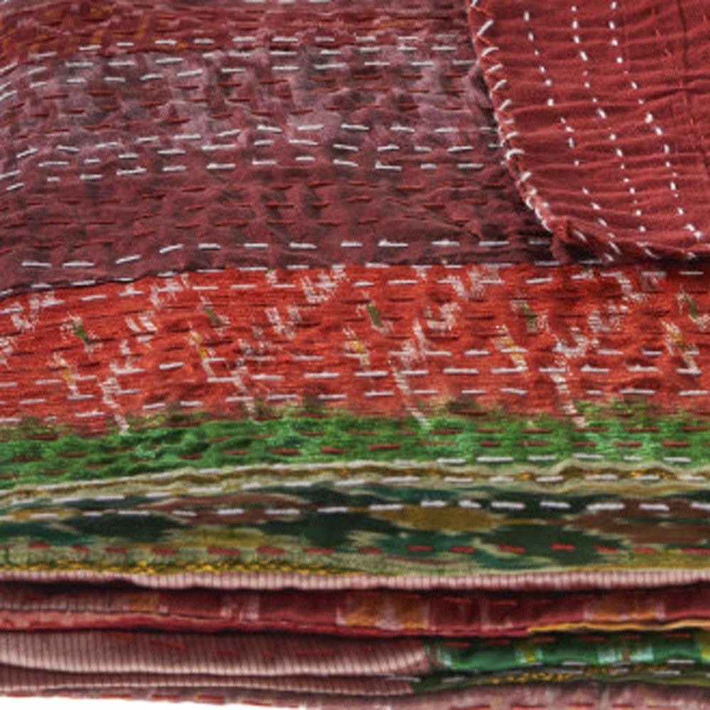 70" X 50" Red Kantha Silk Patchwork Throw Blanket with Embroidery